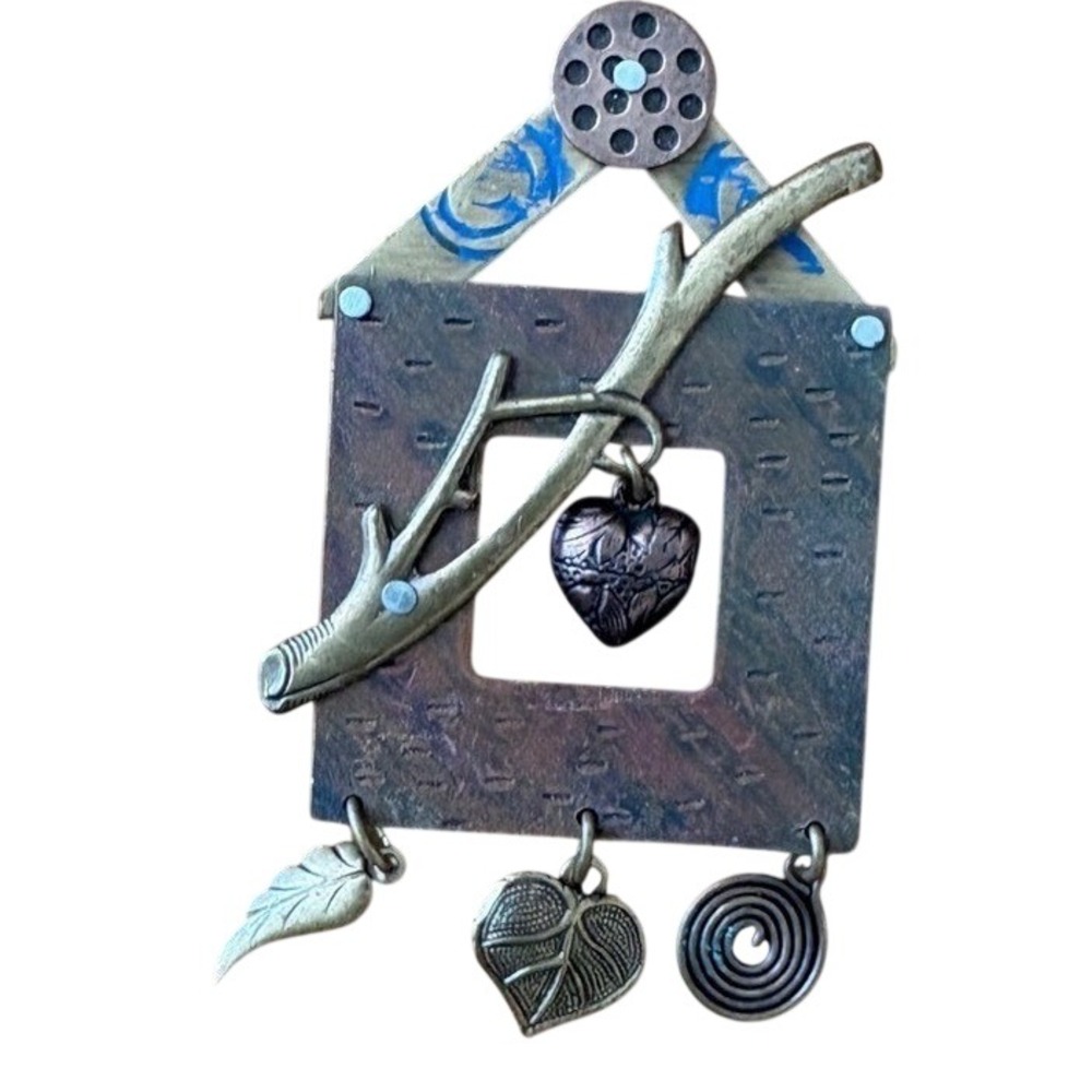 Mixed Metal House Brooch Pin Heart Folk‎ Art Cottagecore